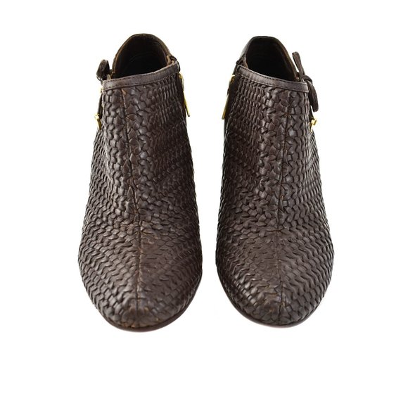 DIOR: Dark Brown Woven Leather & "CD" Logo Booties - Picture 3 of 11